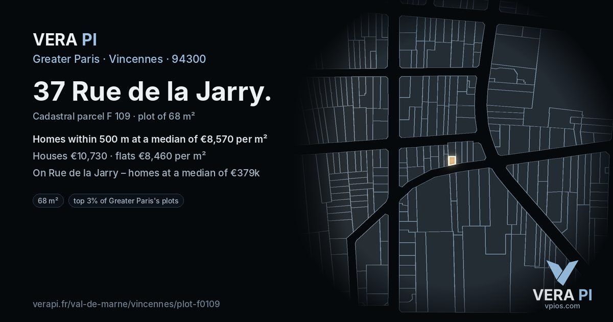 37 Rue de la Jarry, Vincennes at night – the plot lit, the parcels around coloured by the prices near them