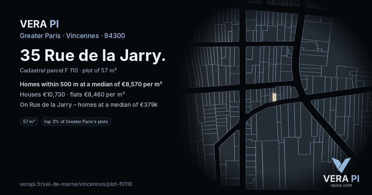 35 Rue de la Jarry, Vincennes at night – the plot lit, the parcels around coloured by the prices near them