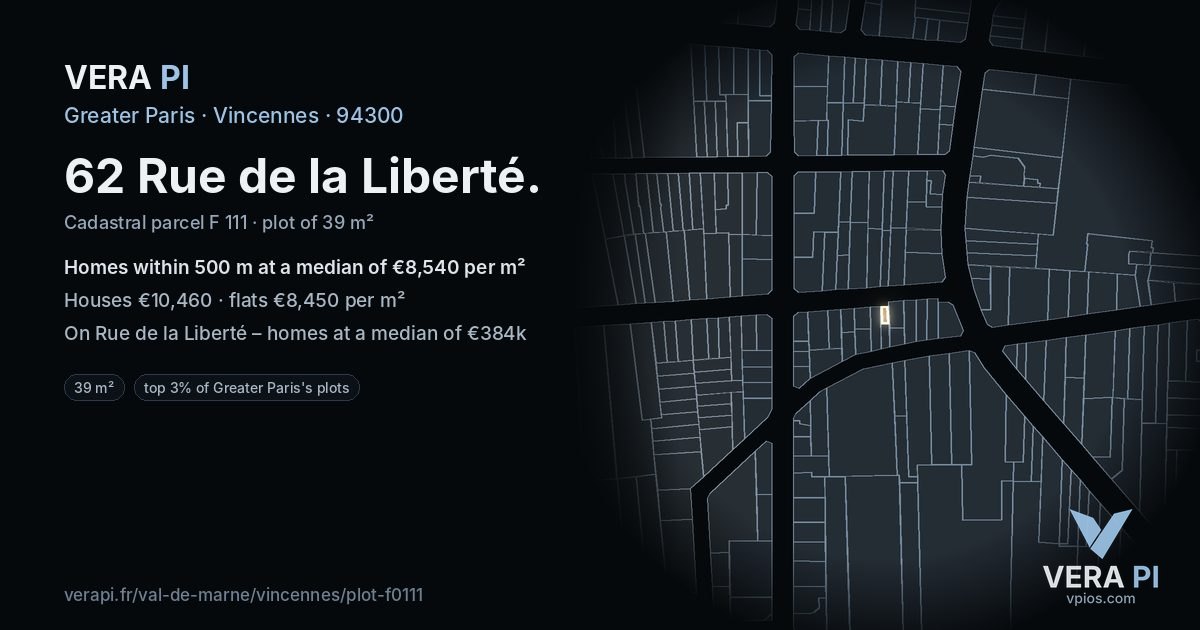 62 Rue de la Liberté, Vincennes at night – the plot lit, the parcels around coloured by the prices near them