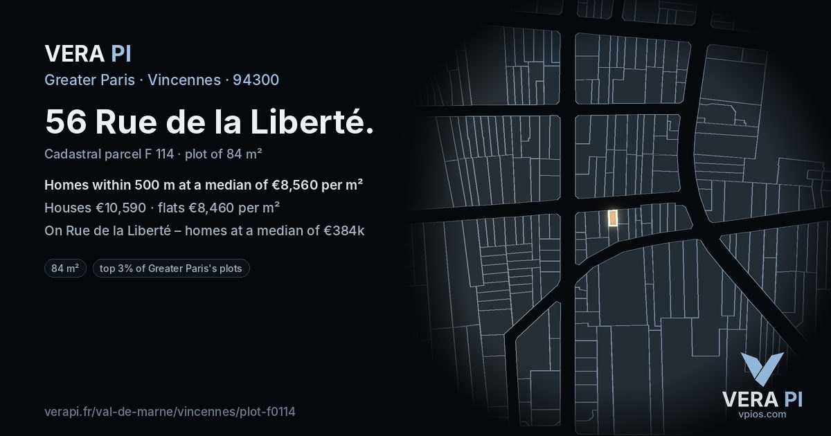56 Rue de la Liberté, Vincennes at night – the plot lit, the parcels around coloured by the prices near them