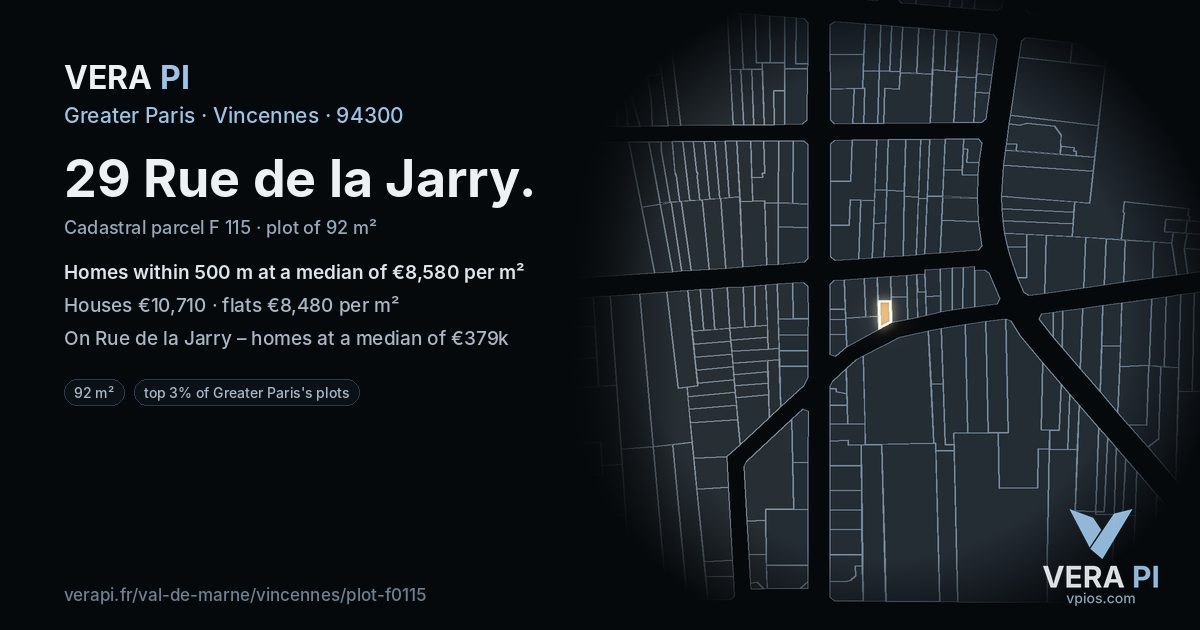 29 Rue de la Jarry, Vincennes at night – the plot lit, the parcels around coloured by the prices near them