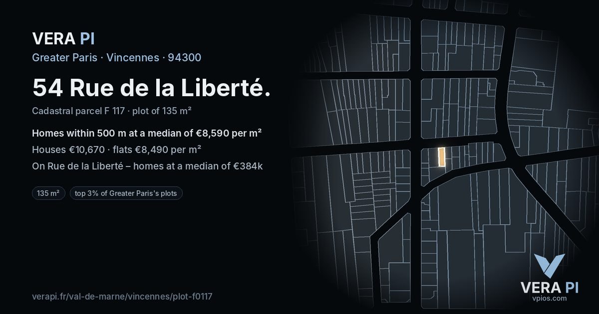 54 Rue de la Liberté, Vincennes at night – the plot lit, the parcels around coloured by the prices near them