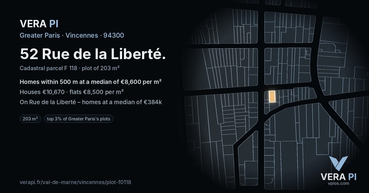 52 Rue de la Liberté, Vincennes at night – the plot lit, the parcels around coloured by the prices near them