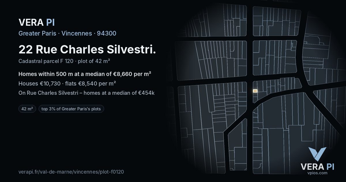 22 Rue Charles Silvestri, Vincennes at night – the plot lit, the parcels around coloured by the prices near them