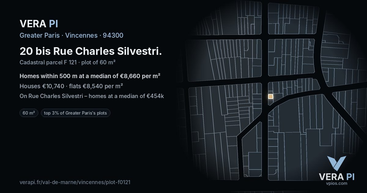 20 bis Rue Charles Silvestri, Vincennes at night – the plot lit, the parcels around coloured by the prices near them
