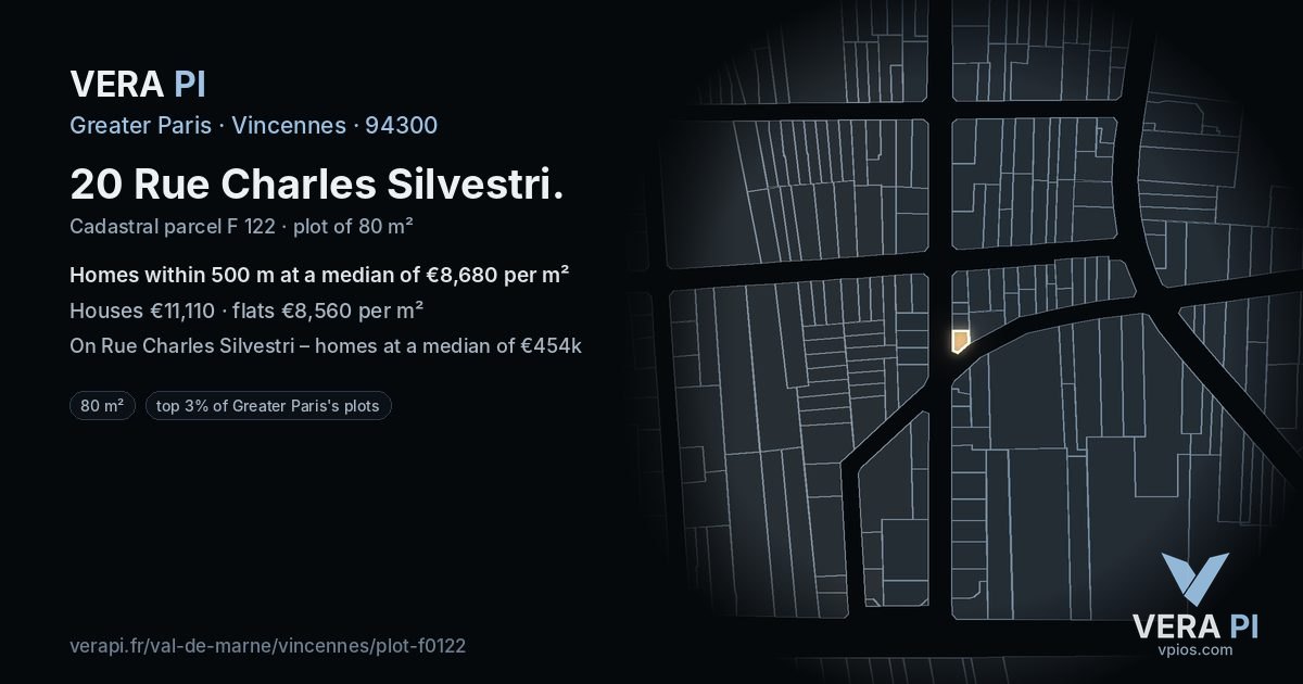 20 Rue Charles Silvestri, Vincennes at night – the plot lit, the parcels around coloured by the prices near them