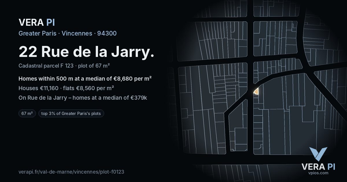 22 Rue de la Jarry, Vincennes at night – the plot lit, the parcels around coloured by the prices near them
