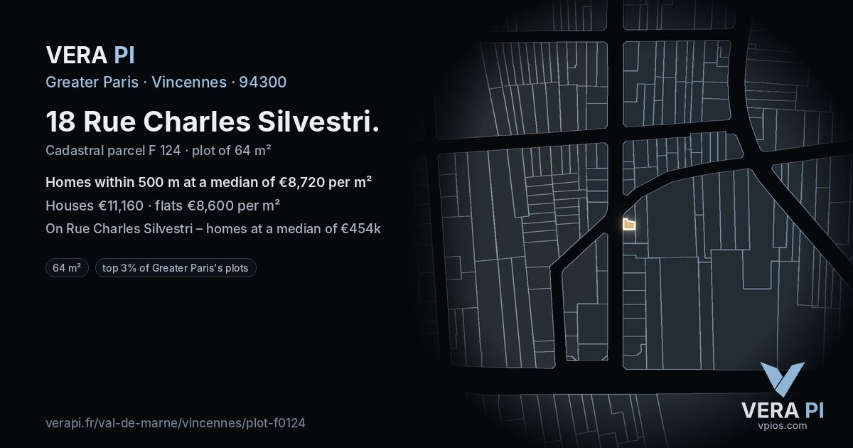 18 Rue Charles Silvestri, Vincennes at night – the plot lit, the parcels around coloured by the prices near them