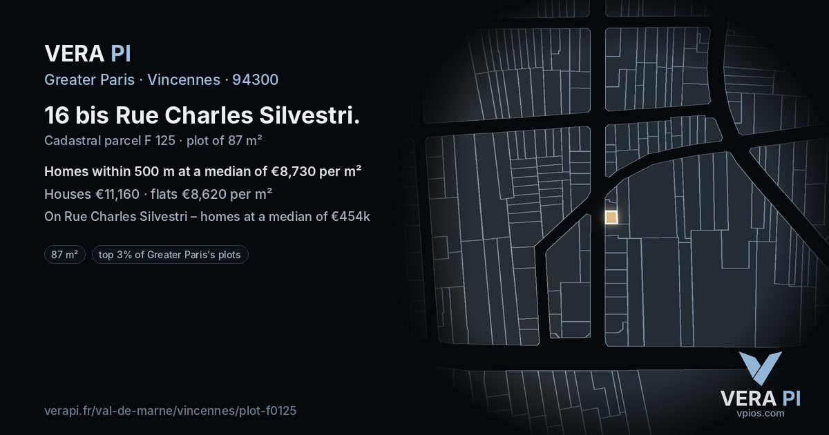 16 bis Rue Charles Silvestri, Vincennes at night – the plot lit, the parcels around coloured by the prices near them