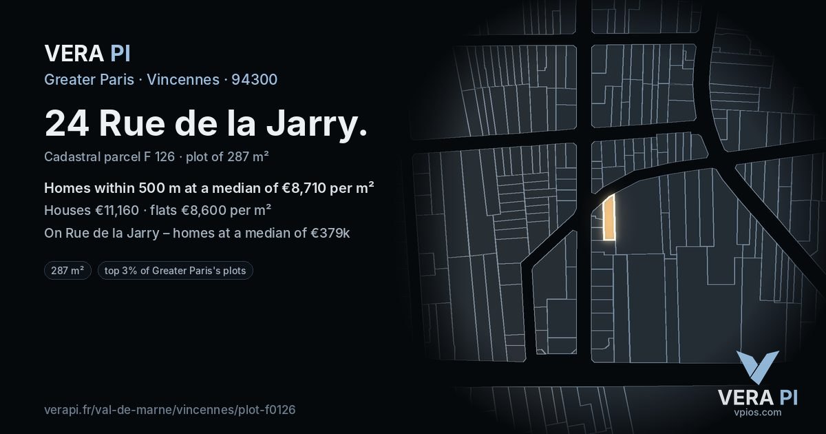 24 Rue de la Jarry, Vincennes at night – the plot lit, the parcels around coloured by the prices near them