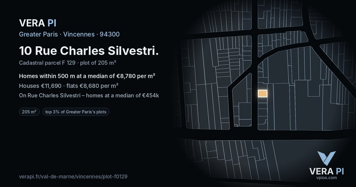 10 Rue Charles Silvestri, Vincennes at night – the plot lit, the parcels around coloured by the prices near them