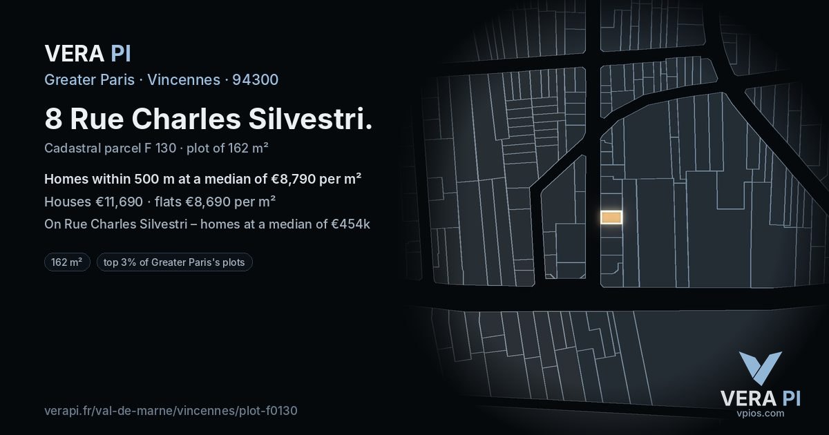 8 Rue Charles Silvestri, Vincennes at night – the plot lit, the parcels around coloured by the prices near them