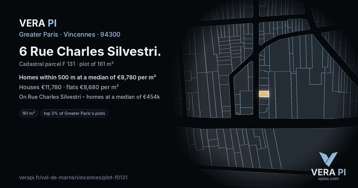 6 Rue Charles Silvestri, Vincennes at night – the plot lit, the parcels around coloured by the prices near them