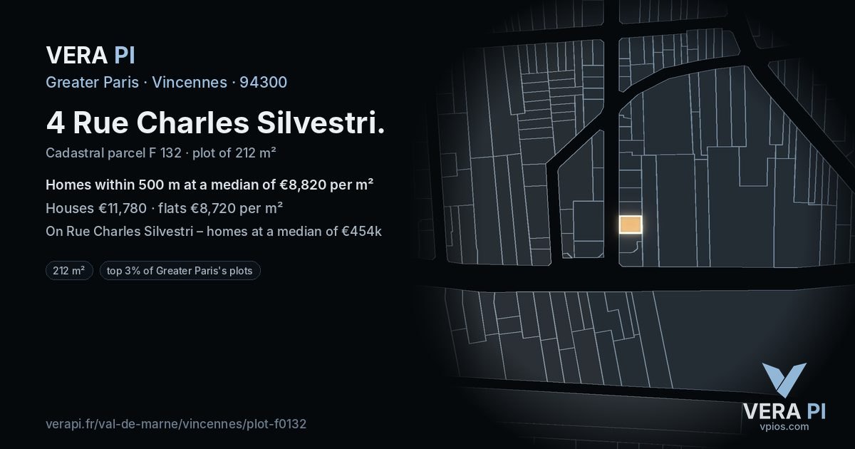 4 Rue Charles Silvestri, Vincennes at night – the plot lit, the parcels around coloured by the prices near them