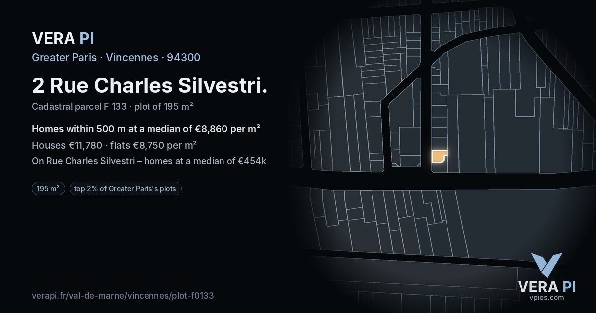 2 Rue Charles Silvestri, Vincennes at night – the plot lit, the parcels around coloured by the prices near them