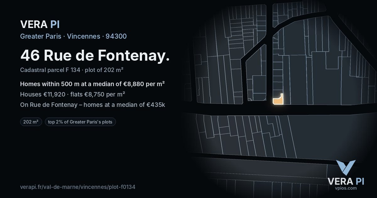 46 Rue de Fontenay, Vincennes at night – the plot lit, the parcels around coloured by the prices near them