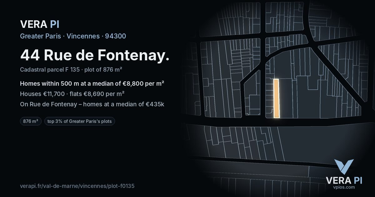 44 Rue de Fontenay, Vincennes at night – the plot lit, the parcels around coloured by the prices near them