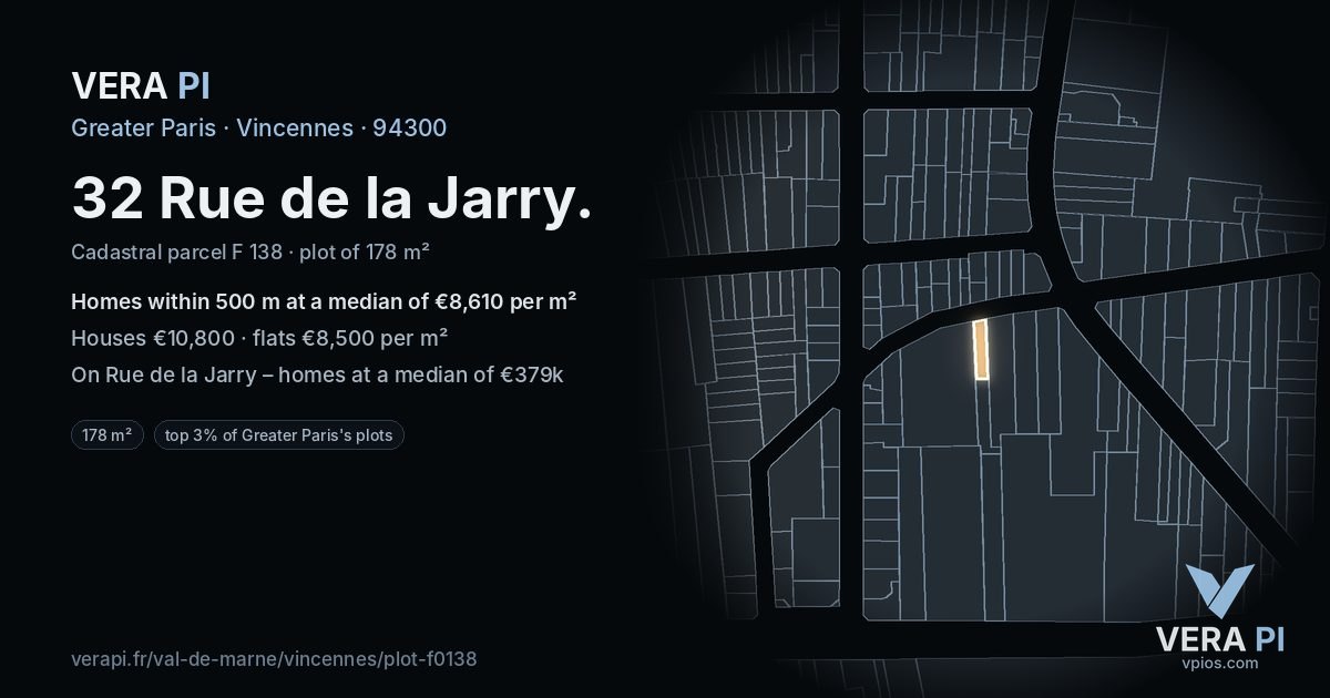 32 Rue de la Jarry, Vincennes at night – the plot lit, the parcels around coloured by the prices near them