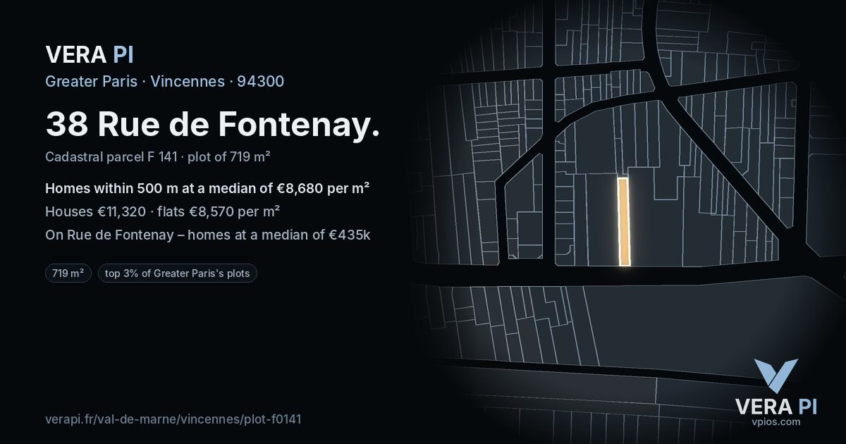 38 Rue de Fontenay, Vincennes at night – the plot lit, the parcels around coloured by the prices near them
