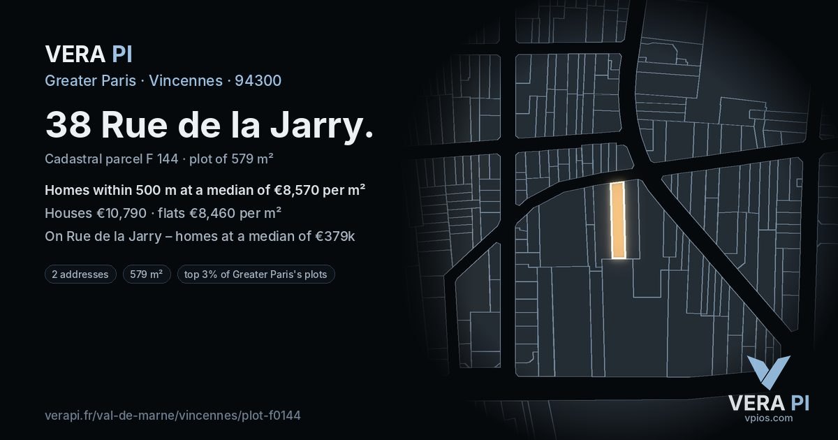 38 Rue de la Jarry, Vincennes at night – the plot lit, the parcels around coloured by the prices near them
