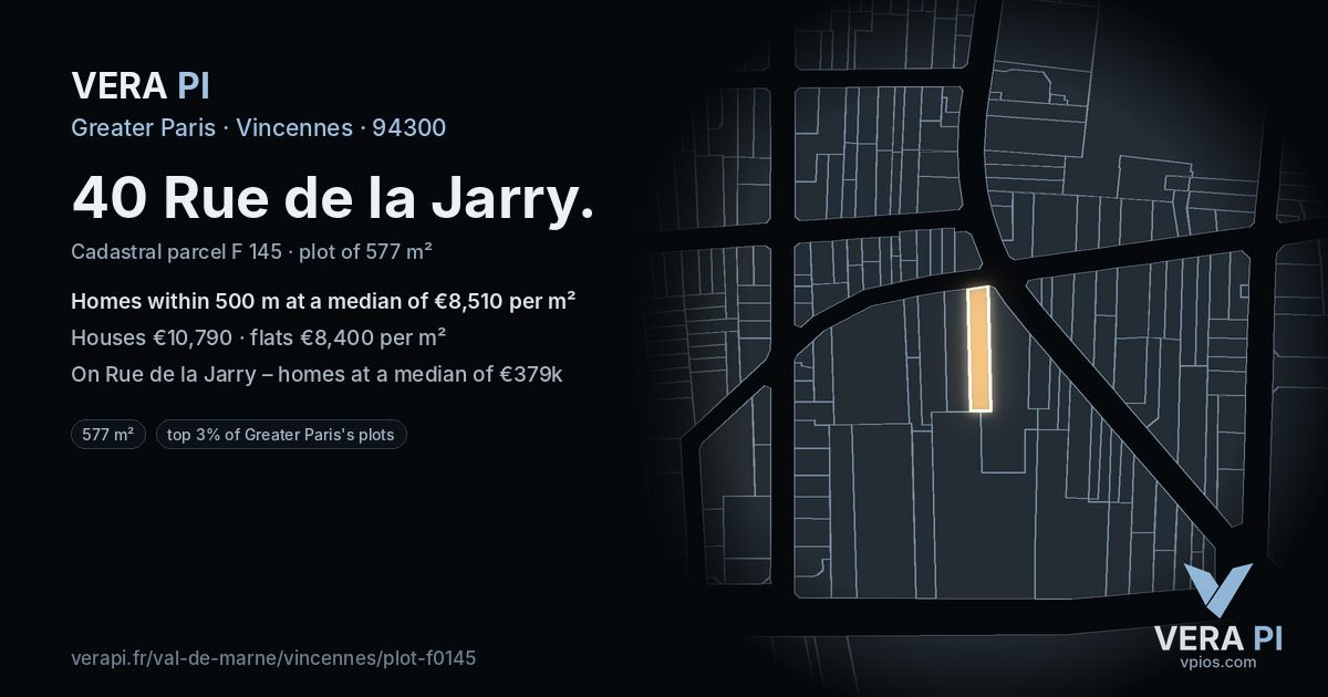 40 Rue de la Jarry, Vincennes at night – the plot lit, the parcels around coloured by the prices near them