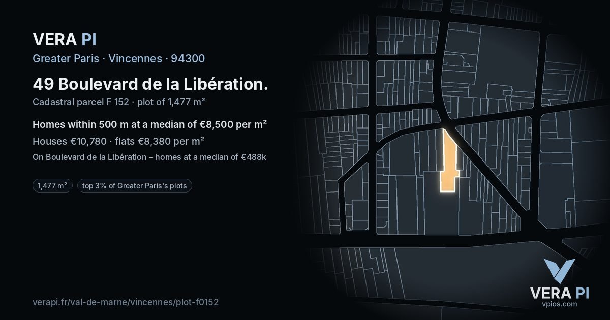 49 Boulevard de la Libération, Vincennes at night – the plot lit, the parcels around coloured by the prices near them