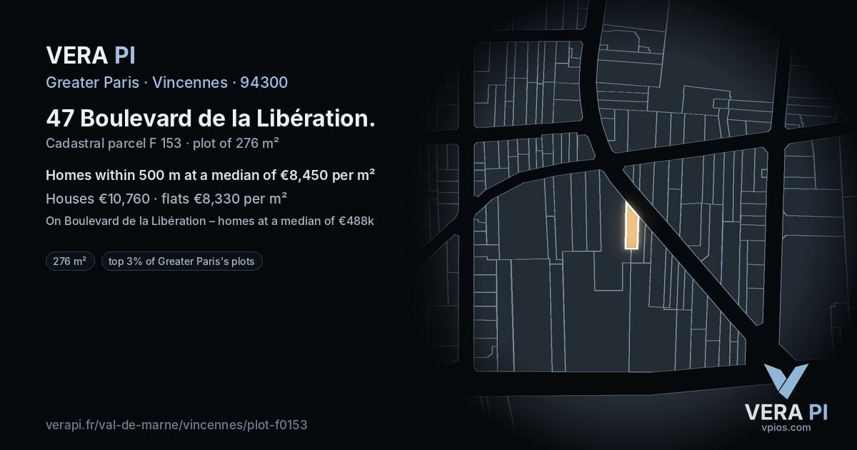 47 Boulevard de la Libération, Vincennes at night – the plot lit, the parcels around coloured by the prices near them