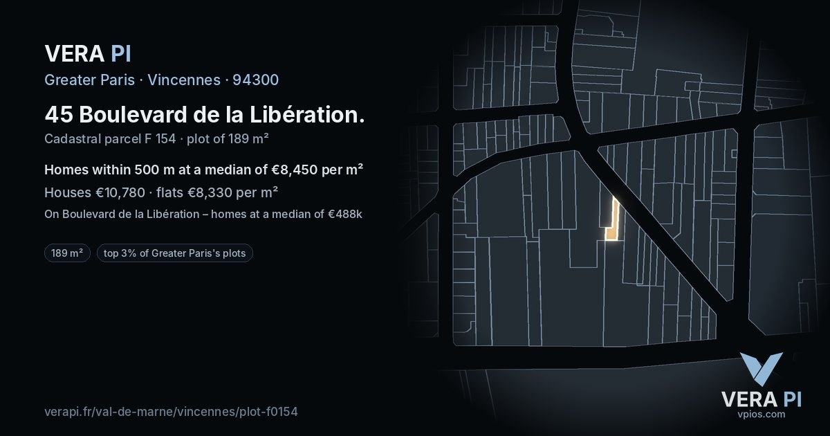 45 Boulevard de la Libération, Vincennes at night – the plot lit, the parcels around coloured by the prices near them