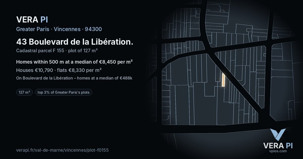 43 Boulevard de la Libération, Vincennes at night – the plot lit, the parcels around coloured by the prices near them