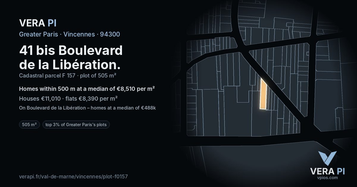 41 bis Boulevard de la Libération, Vincennes at night – the plot lit, the parcels around coloured by the prices near them