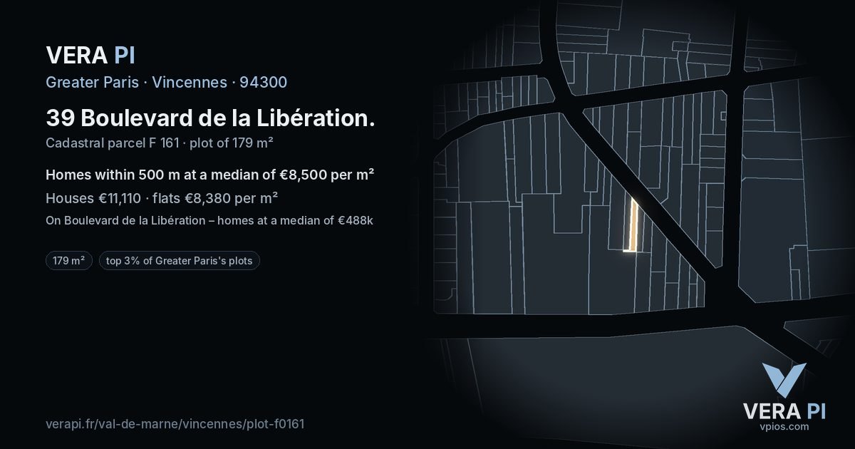 39 Boulevard de la Libération, Vincennes at night – the plot lit, the parcels around coloured by the prices near them