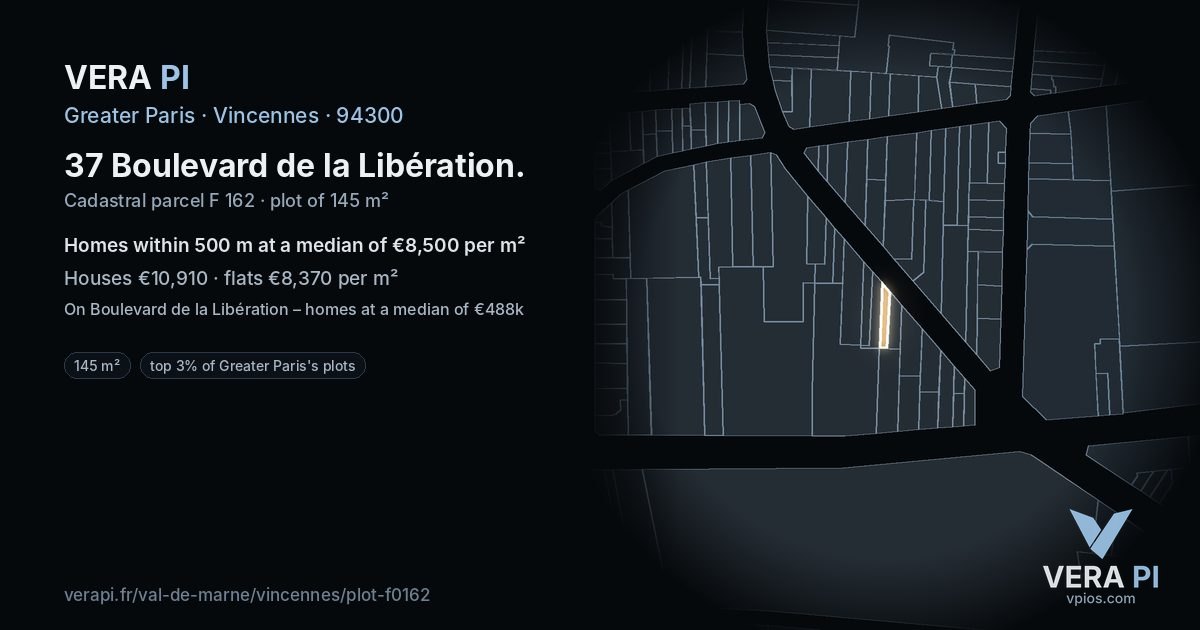 37 Boulevard de la Libération, Vincennes at night – the plot lit, the parcels around coloured by the prices near them