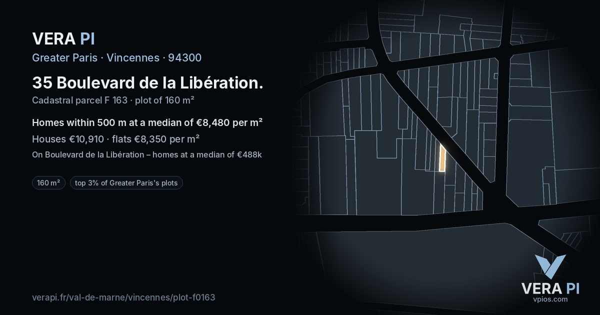 35 Boulevard de la Libération, Vincennes at night – the plot lit, the parcels around coloured by the prices near them