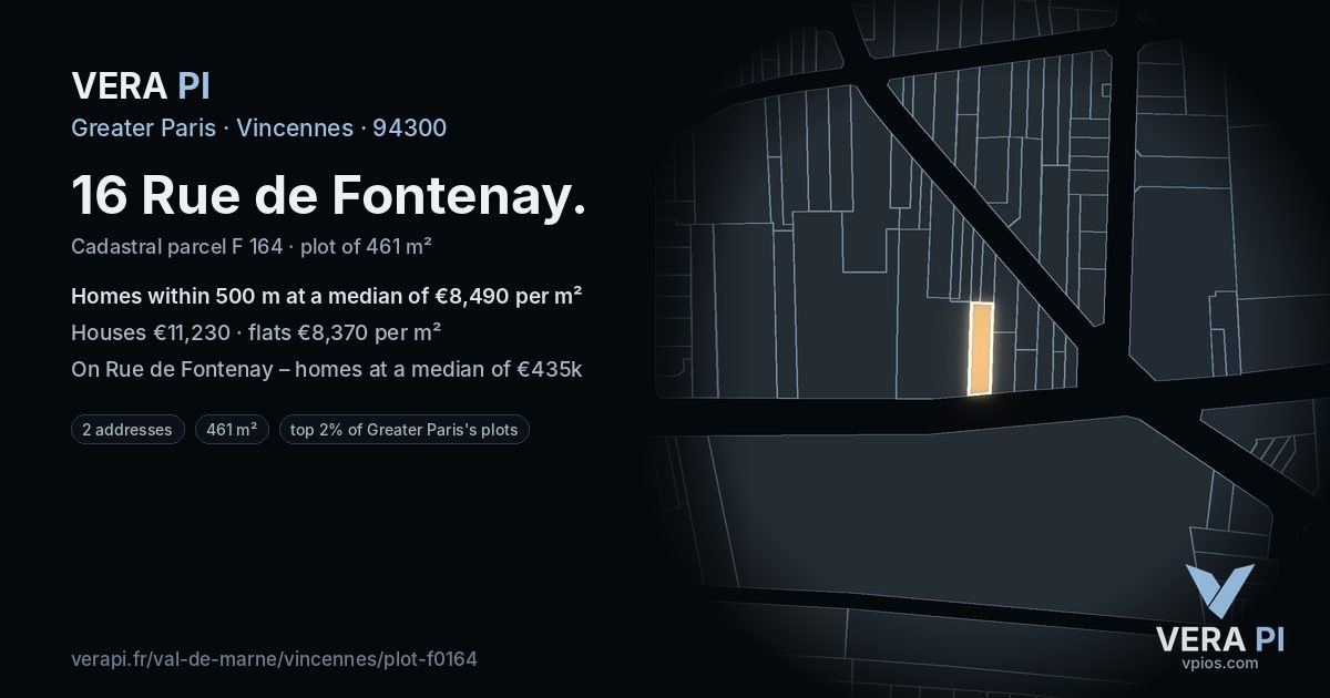16 Rue de Fontenay, Vincennes at night – the plot lit, the parcels around coloured by the prices near them