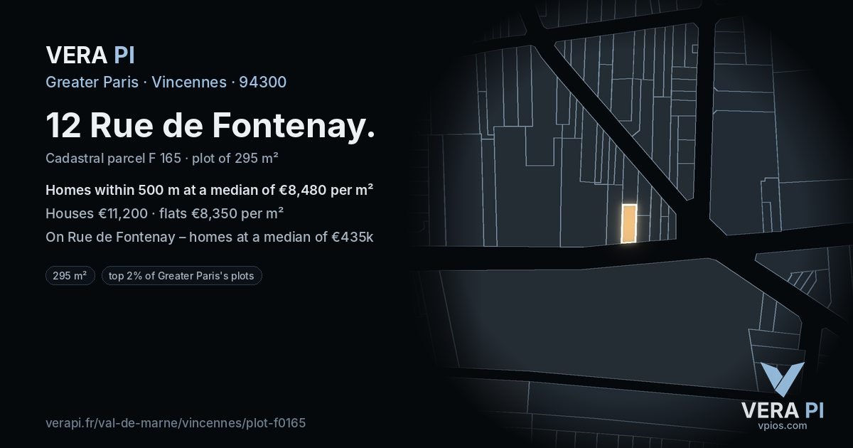 12 Rue de Fontenay, Vincennes at night – the plot lit, the parcels around coloured by the prices near them