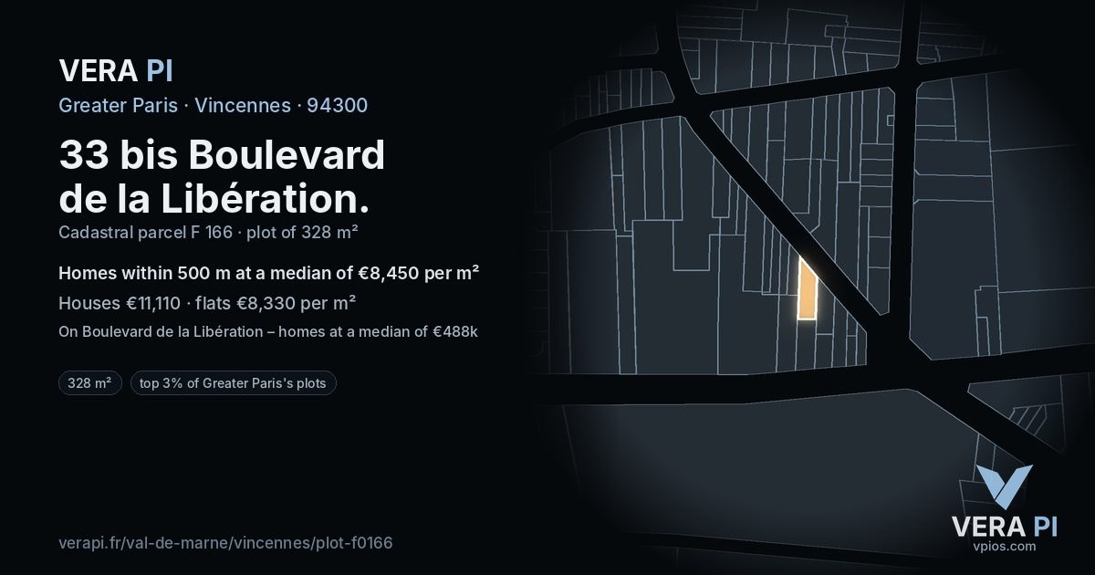 33 bis Boulevard de la Libération, Vincennes at night – the plot lit, the parcels around coloured by the prices near them