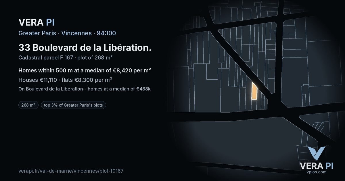 33 Boulevard de la Libération, Vincennes at night – the plot lit, the parcels around coloured by the prices near them