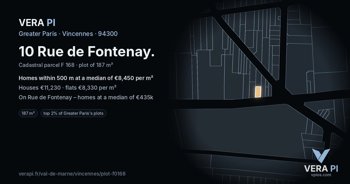 10 Rue de Fontenay, Vincennes at night – the plot lit, the parcels around coloured by the prices near them