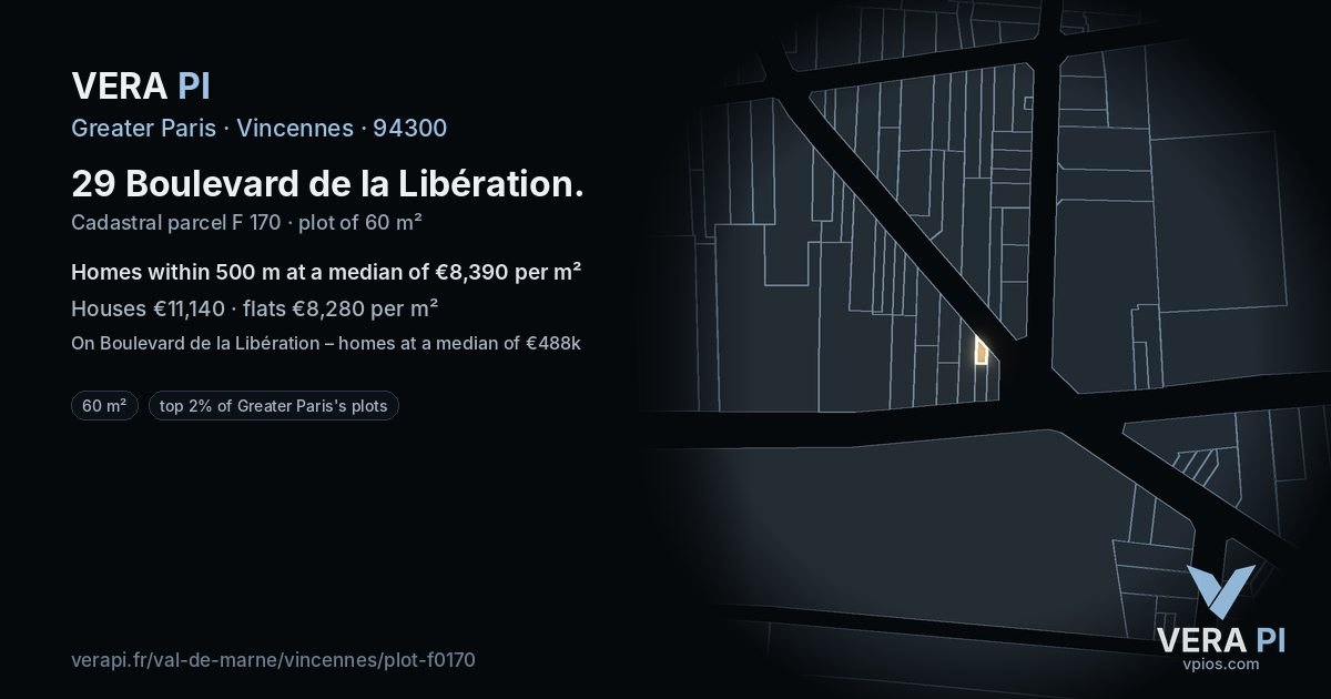 29 Boulevard de la Libération, Vincennes at night – the plot lit, the parcels around coloured by the prices near them