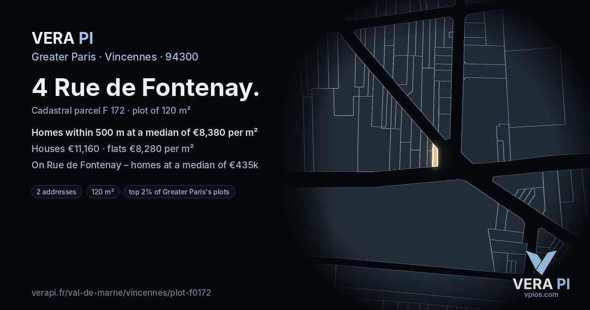 4 Rue de Fontenay, Vincennes at night – the plot lit, the parcels around coloured by the prices near them