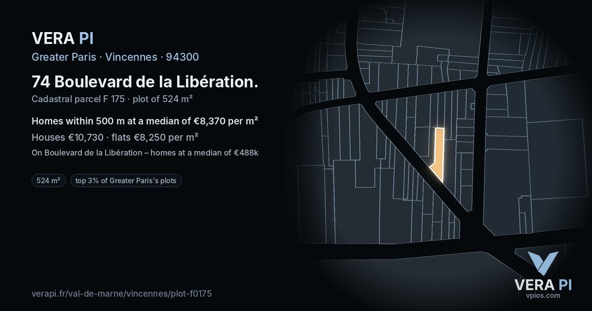 74 Boulevard de la Libération, Vincennes at night – the plot lit, the parcels around coloured by the prices near them