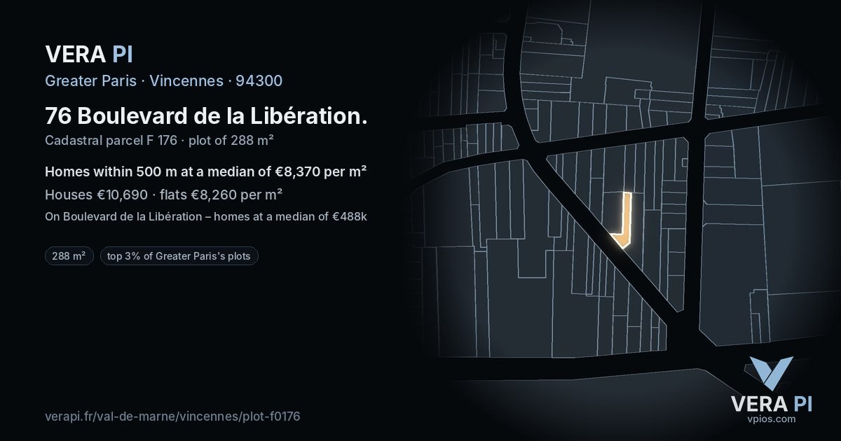 76 Boulevard de la Libération, Vincennes at night – the plot lit, the parcels around coloured by the prices near them