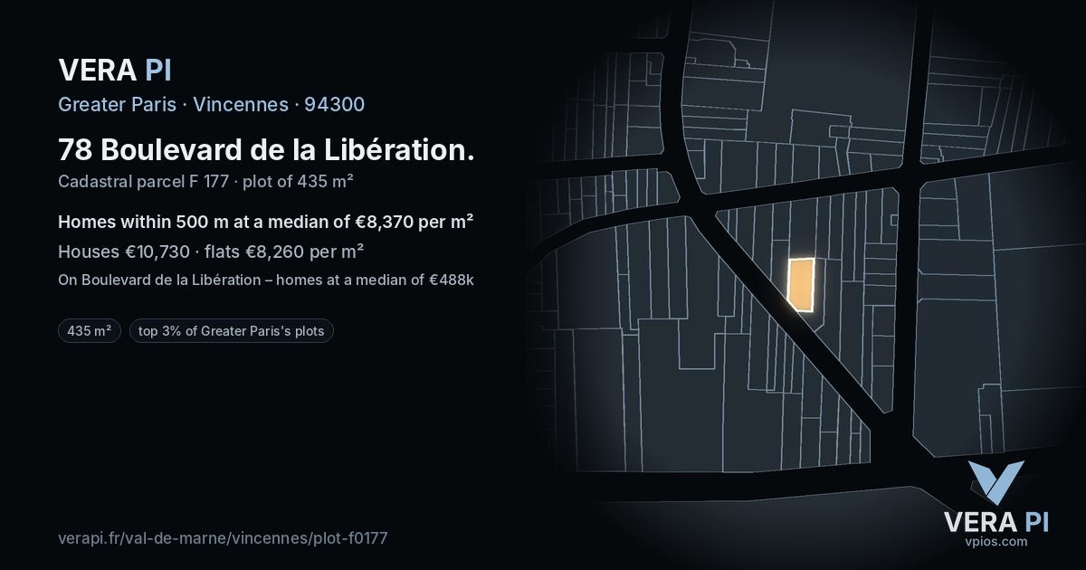 78 Boulevard de la Libération, Vincennes at night – the plot lit, the parcels around coloured by the prices near them