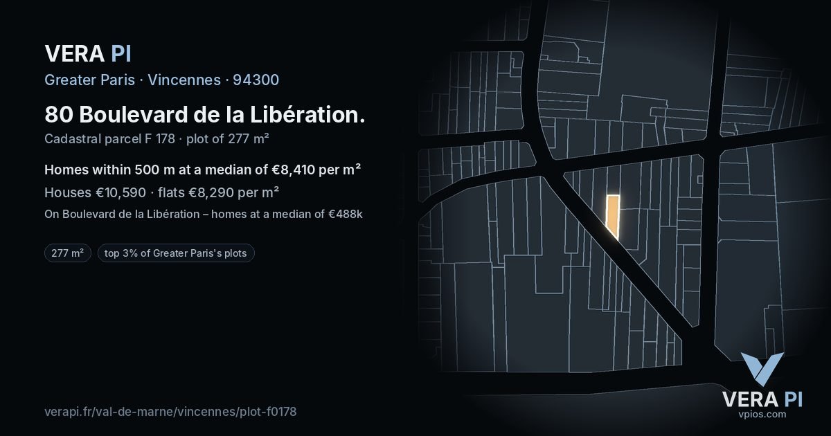 80 Boulevard de la Libération, Vincennes at night – the plot lit, the parcels around coloured by the prices near them