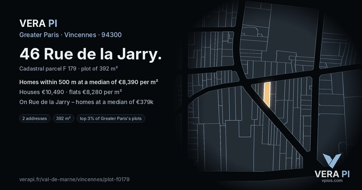 46 Rue de la Jarry, Vincennes at night – the plot lit, the parcels around coloured by the prices near them