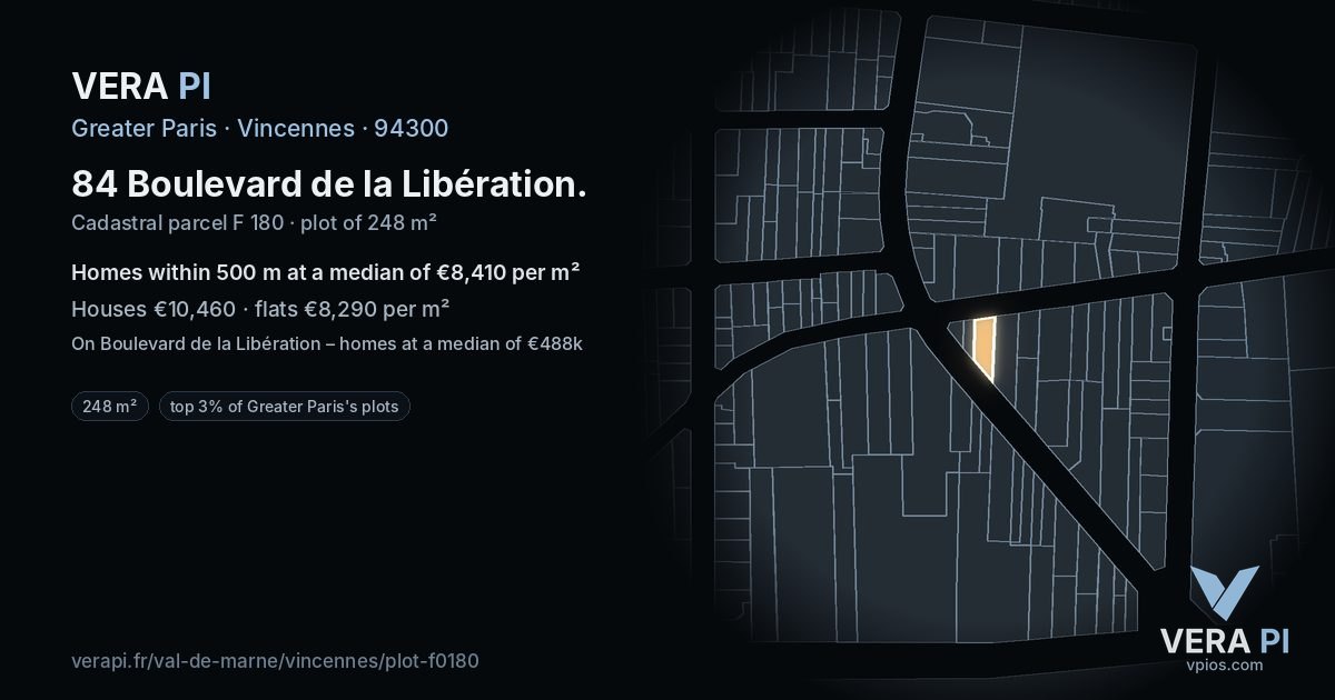84 Boulevard de la Libération, Vincennes at night – the plot lit, the parcels around coloured by the prices near them
