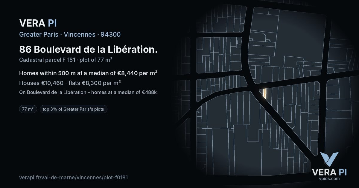 86 Boulevard de la Libération, Vincennes at night – the plot lit, the parcels around coloured by the prices near them