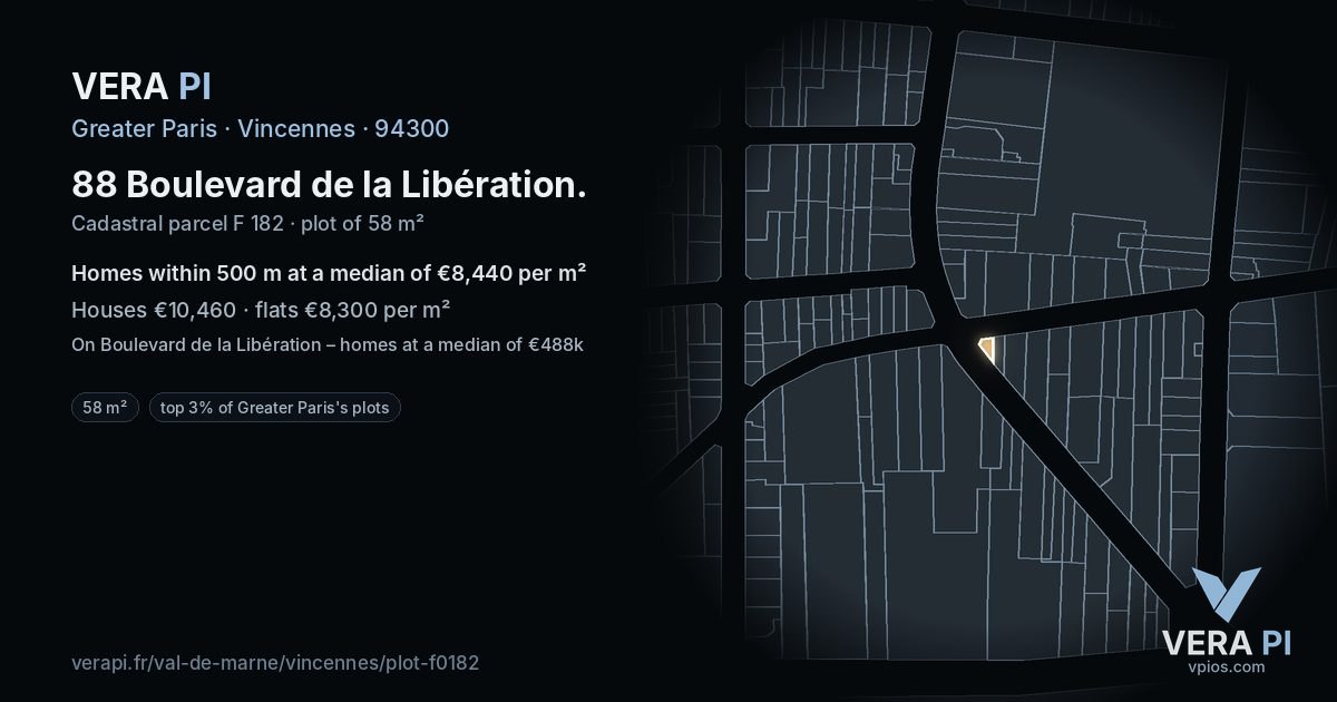 88 Boulevard de la Libération, Vincennes at night – the plot lit, the parcels around coloured by the prices near them