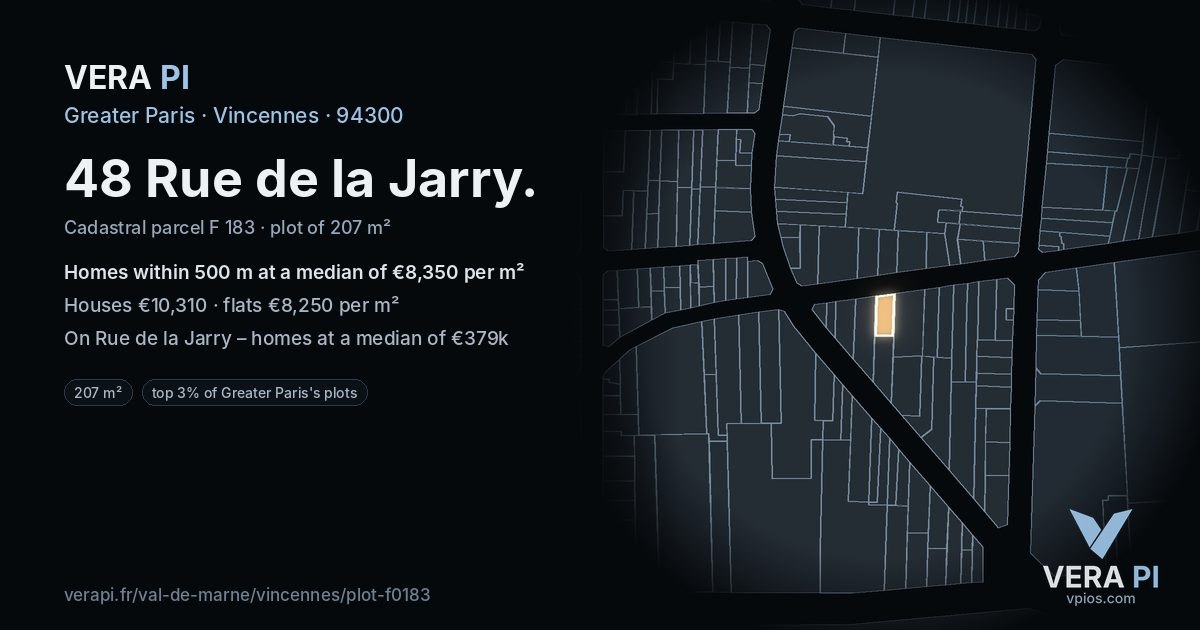 48 Rue de la Jarry, Vincennes at night – the plot lit, the parcels around coloured by the prices near them