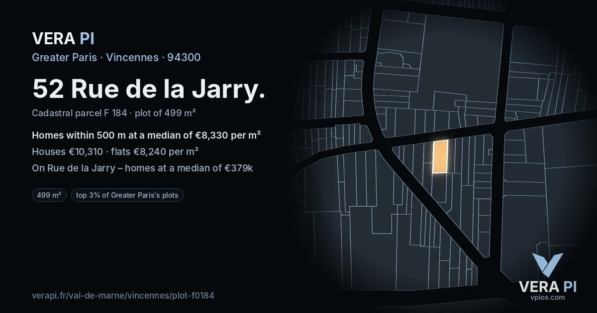 52 Rue de la Jarry, Vincennes at night – the plot lit, the parcels around coloured by the prices near them